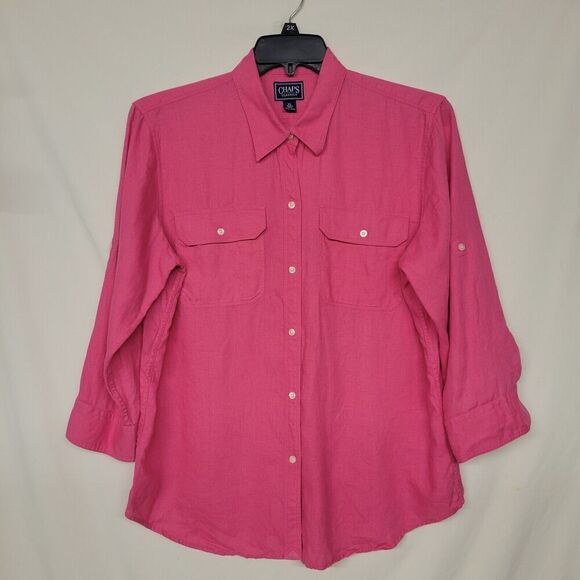 Chaps by Ralph Lauren Size XL 100% Linen Button Up Roll Tab Womens Safari Shirt - Picture 1 of 5